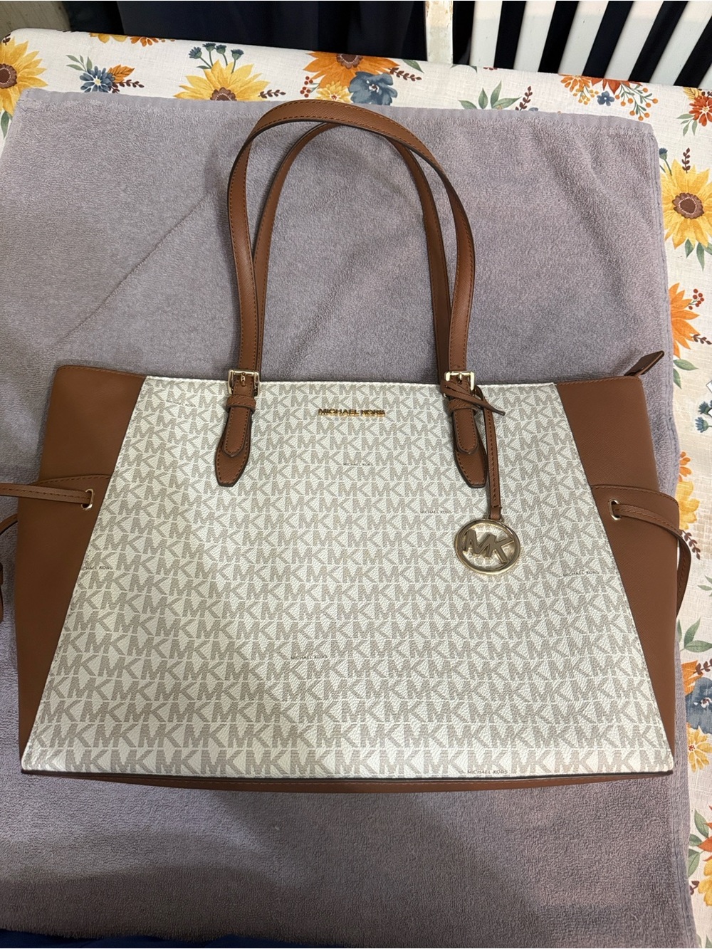 Michael Kors Vanilla and Tan MK Logo Tote